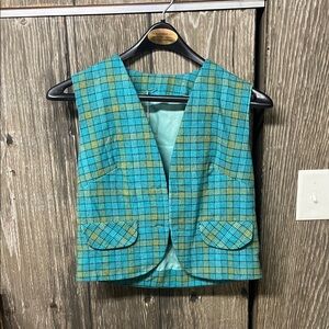Vintage handmade Plaid Turquoise & Green Womens Vest
